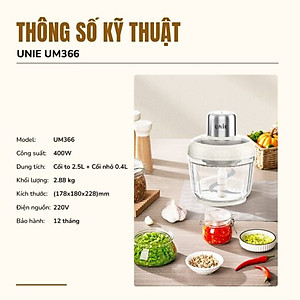 Máy Xay Thịt Đa Năng Unie UM366, 400W, 2 Cối Thủy Tinh, Chế Độ Tự Ngắt An Toàn, Hàng Chính Hãng