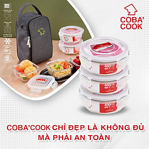 Bộ 3 hộp đựng cơm ,trữ thức ăn thủy tinh chịu nhiệt có 2 hộp chữ nhật 370ml + 1 hộp tròn 400ml và 1 túi giữ nhiệt- CCR4L33BS