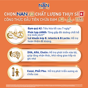 Sữa bột NAN INFINIPRO A2 2 với công thức đầu tiên kết hợp giữa đạm quý A2 & 6HMO & Dual Probiotics nhập khẩu Thụy Sĩ - Hộp 400g cho bé 12 - 24 tháng