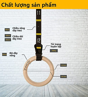 Vòng treo gỗ Gymnastic Rings Cleacco có vạch kẻ số , khóa cài thông minh tiện lợi , chắc chắn treo xà đơn , các bài tập dip rings , street workout , bảo hành 12 tháng - BORO SPORT