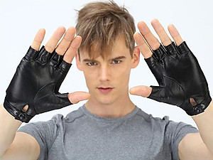 Găng tay nam hở ngón BHY5293 Găng tay phượt, da cừu thật. thoái mái lái xe.