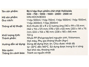 Bộ 6 hộp đựng thực phẩm chữ nhật Inochi Hokkaido (500-750-1000-1500-2000-2500ml)