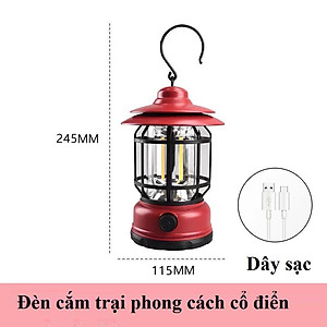 Đèn Cắm Trại, Đèn Camping Phong Cách Cổ Điển, Đèn Pin Sạc Tích Điện USB, Đèn Măng Xông - Hàng Nhập Khẩu