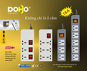 Ổ Cắm Dài 6 Lỗ Kèm Cổng USB Dobo Electric Korea (16A - 3m) - Trắng
