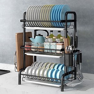 Kệ chén bát đĩa 2 - 3 tầng INOX 304 cao cấp sơn đen tĩnh điện kèm khay ráo nước, giá kệ úp bát khô ráo trên bàn bếp gọn gàng, sạch sẽ, kệ đa năng tiết kiệm không gian - Hàng cao cấp