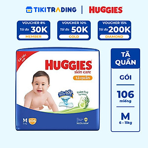 Tã/bỉm quần Huggies Skin Care Mega Jumbo M102+4 miếng với tràm trà dịu da