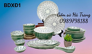 Bộ bát đĩa gốm sứ Bát Tràng cao cấp men lục bảo vẽ bèo dâu BDXĐ1