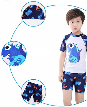Bộ Đồ Bơi Khủng Long Dành Cho Bé Trai Cao Từ 85cm - 125cm chất vải Polyeste thân thiện với trẻ em, mau khô, thấm hút mồ hôi tốt, thiết kế thời trang bắt mắt - Tặng kèm nón bơi vải cùng màu