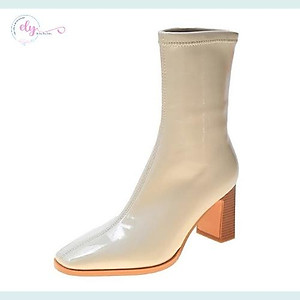 Giày Bốt Nữ Da Bóng Trắng Đen Ôm Chân Đẹp Gót 7 Phân Cổ cao Mũi Nhọn Không Có Khóa