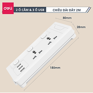 Ổ Cắm Điện Đa Năng Kèm Cổng USB Có Công Tắc Tải 2500W Nắp Chống Giật Chống Cháy Chất Lượng Cao Deli - Dây 2M/3M/5M - ET401 411