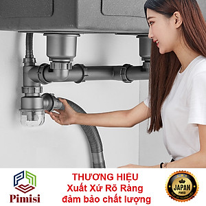 Bộ Xi Phông Xả Thải Bồn Rửa Chén 2 Hố Pimisi PXP-71-2 Cao Cấp - Loại Ống Thải Nhựa Cứng Không Đọng Nước - Cốc Inox 304 Phi 110mm (11cm), Lọc Rác, Bầu Chống Mùi Hôi Và Giảm Dầu Mỡ Ống Dẫn - Có Thoát Tràn | Hàng Chính Hãng