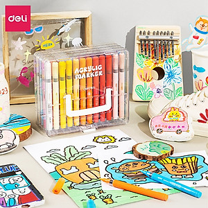 Bút Màu Acrylic Marker Roller Đầu Lông Mềm Deli-24/36/48/60 Màu Vẽ Trên Mọi Chất Liệu Bullet Journal