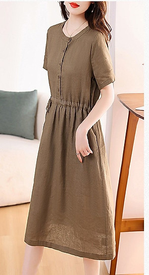 Đầm linen nữ trơn tay ngắn kết hợp phối cúc và rút eo , có nhiều màu dễ mặc đi chơi hay đi làm Da217