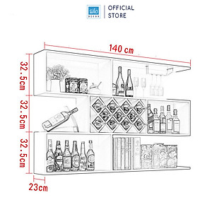 Kệ Gỗ Treo Tường Để Chai Vang 3 Tầng SIB DECOR Với 11 Ngăn Đựng Chai Để Nằm Và Giá Treo Ly Inox 304 Cao Cấp Cho Phòng Khách, Phòng Ăn