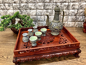 Bộ ấm chén rượu gốm Bát Tràng khắc nổi hoa phù dung 