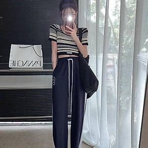 Áo len nữ dáng croptop tăm cổ U kẻ ngang phối viền chất len dày mịn hàng Quảng Châu cao cấp