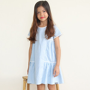 Đầm Bé Gái Kika Kẻ Xanh Blue Phối Viền Trắng K126