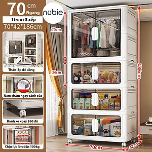 Tủ Nhựa Gấp Gọn Nubie Ngang 60/70/80cm Có Ngăn Treo Quần Áo, Đựng Đồ Dùng Size Lớn, Bánh Xe Xoay