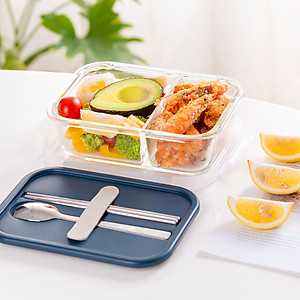 Hộp cơm thủy tinh Lock&Lock chia ngăn kèm muỗng đũa 930ml màu xanh navy LLG991CLNVY - Hàng chính hãng, dùng được lò vi sóng - JoyMall