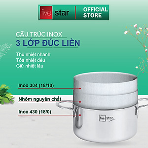 Bộ Nồi Inox 304  bếp từ 3 lớp đáy liền 4 món nắp kính Fivestar tặng 2 muỗng canh