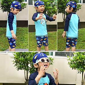 Set đồ bơi bé trai tay lỡ kèm mũ bơi, vải thun bơi Hàn co giãn 4 chiều, dày dặn mịn mát, bộ bơi 2 mảnh con trai dày dặn đẹp | BT13