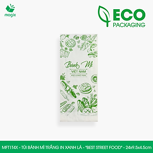 MFT1T4X - 24x9.5x4.5 cm - 100 Túi bánh mì Trắng, in sẵn họa tiết BEST STREET FOOD - Bao bánh mì Túi giấy thực phẩm an toàn