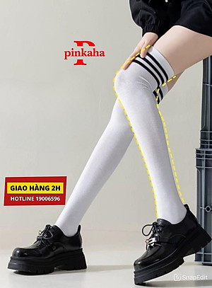 Tất Đùi Dày Dặn Qua Đầu Gối Dễ Thương Coplay Hàn Quốc Sọc Trắng Đen