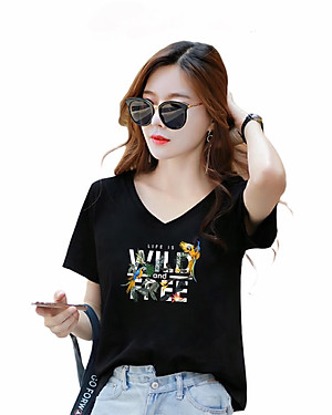 Áo thun nữ form rộng cổ tim MXM in chữ Wild Free thun cotton 4 chiều từ 45-60kg ( ANU094 )
