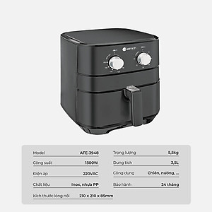 Nồi chiên không dầu Elmich AFE-3948, dung tích 3.5L, công suất 1500W, công nghệ chiên Rapid Air giúp chiên, rán thức ăn chín đều và ngon - Hàng chính hãng