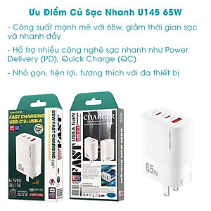 Củ Sạc Nhanh Đa Năng 65W WEKOME - WP U145, 2 Cổng C - 1 USB - Hàng Chính Hãng