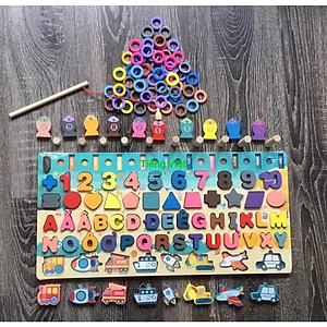 Đồ Chơi Gỗ, Bảng Chữ Cái 6in1, Đồ Chơi Câu Cá, Ghép Hình Học, Chữ Số, Chữ Cái, Phương Tiện 
