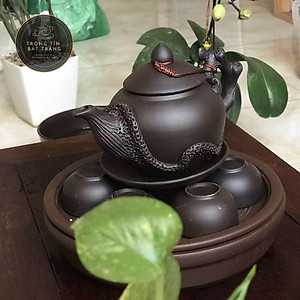 Bộ Ấm Chén Trà Đạo Gốm Tử Sa Bát Tràng Đắp Nổi Hoa Phù Dung Dáng Thủy Bình Dung Tích 400ml (Bộ Ấm Chén) ATSML 02.2