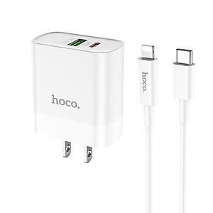 Bộ Sạc Nhanh Cho Iphone PD20W Hoco C80 chuôi dẹt 2 cổng Usb và Type-C kèm dây sạc Type-C sang iPhone - Hàng chính hãng