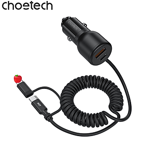 Tẩu sạc trên ô tô 110W Choetech TC0038 tích hợp cáp lò xo Type C kèm đầu nối iP - Hàng chính hãng