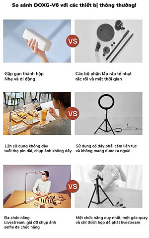 Gậy livestream thông minh kèm đèn DOXG-V6 - Điều chỉnh chiều cao lên đến 1.3m - Góc quay 360 độ - Gấp gọn dễ dàng - Sử dụng pin sạc dung lượng cao - Ánh sáng 3 màu, 7 chế độ - Kèm remote bluetooth chụp hình, quay phim từ xa