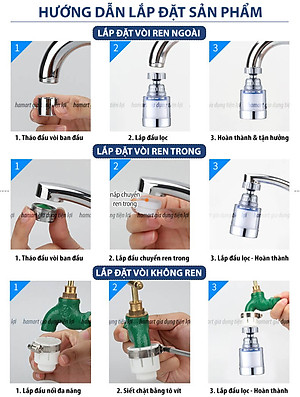 Đầu Lọc Nước Tại Vòi Tăng Áp Xoay 360 Mặt Xả Hoa Sen Rửa Chén Có Đầu Nối & Lõi Bông Lọc Sạch