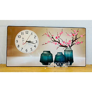 (ẢNH THẬT) Tranh đồng hồ tráng gương bình hoa đào hồng uv mặt mica sáng bóng kèm đinh