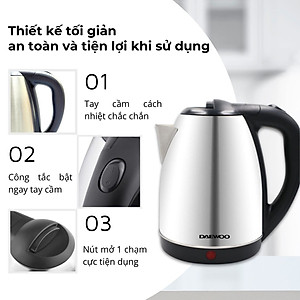 Ấm siêu tốc inox 304 cao cấp đảm bảo an toàn 1.8L Daewoo DWK-S1805 đế xoay 360 độ - Hàng chính hãng BH 2 năm - Hàng chính hãng