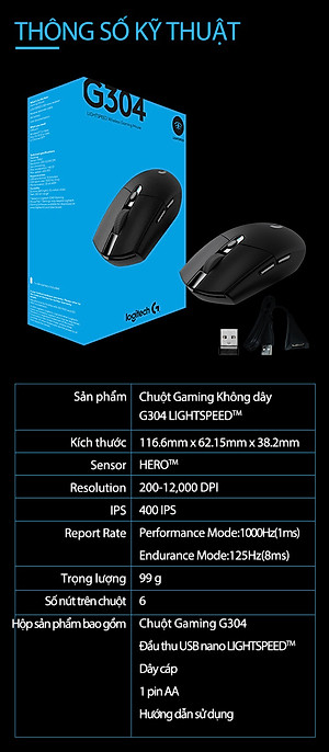 Chuột game không dây Lightspeed Logitech G304 - Cảm biến Hero, 12k DPI, nhẹ, 6 nút lập trình, on-board memory, pin 250h - Hàng chính hãng