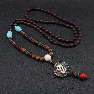 VÒNG CỔ CHUỖI HẠT GỖ CHỦNG TỰ KALACHAKRA VÀ NGỌC LAM TÂY TẠNG