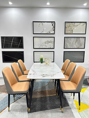 Bộ bàn ăn mặt mặt đá Ceramic bóng kết hợp 4 ghế 6 ghế 8 ghế Monet