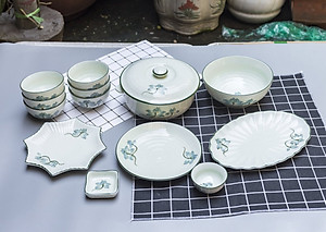 Bộ sản phẩm đồ ăn vẽ hoa sen xanh gốm sứ Bát Tràng