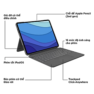 Bao da kèm bàn phím Logitech Combo Touch dành cho iPad Pro 12.9 inch (gen 5) - Bàn phím Backlit có thể tháo rời, Trackpad siêu nhạy - Hàng chính hãng