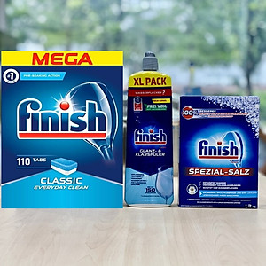 COMBO FINISH: Viên rửa bát Finish Classic 110 viên + Muối 1,2kg + Nước làm bóng 750ml