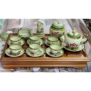 Bộ ấm trà + phụ kiện, men dong, họa tiết vẽ thủ công. Gốm sứ Bát Tràng.