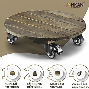 Đế Lót Chậu Cây Có Bánh Xe ANKAN - Hình Tròn D30cm, Gỗ Tràm Bông Cao Cấp, Chịu Tải 120kg (Màu Xám Đen)