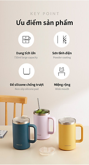 Ly giữ nhiệt LocknLock Flat Table Mug LHC4320 730ML, Hàng chính hãng, có tay cầm, miêng rộng - JoyMall