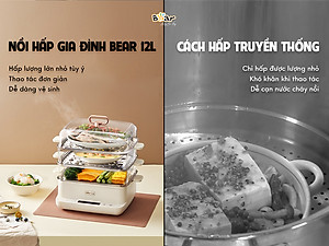 Nồi Hấp Điện Bear SB-NH12L Hấp Đa Năng 3 Tầng Chống Trào, Chống Cháy Dung Tích 12 Lít Công Suất 800 W - Hàng Chính Hãng