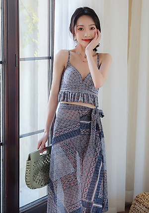 Bộ đồ bơi bikini nữ 2 mảnh đi tắm biển áo croptop kèm váy sang chảnh phong cách Hàn quốc