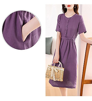 Đầm linen nữ trơn tay ngắn kết hợp phối cúc và rút eo , có nhiều màu dễ mặc đi chơi hay đi làm Da217